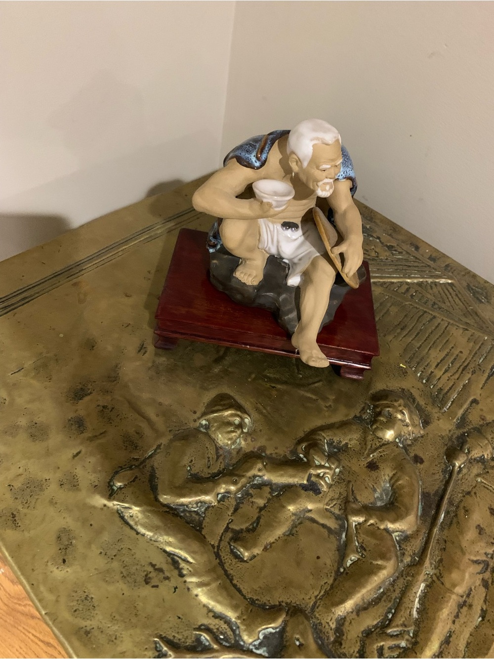 Unbranded Ceramic Elderly Figure Sculpture in Beige and Blue